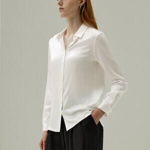 LILYSILK 100% Mulberry Silk Shirt White Pearl Button Down Blouse NWT Medium